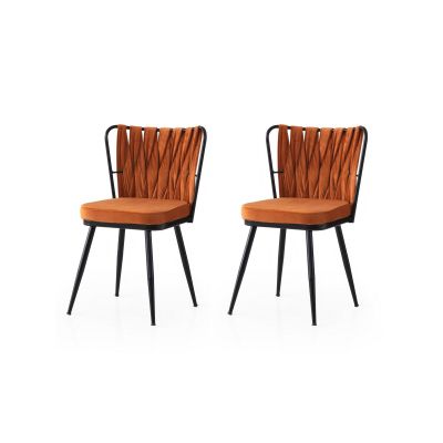 Set 2 scaune Kuşaklı - 224 V2, Negru - Portocaliu, 43x43x82 cm - Negru - Portocaliu