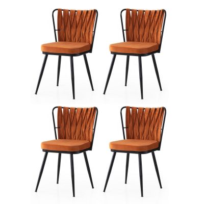 Set 4 scaune Kuşaklı - 224 V4, Negru - Portocaliu, 43x43x82 cm - Negru - Portocaliu