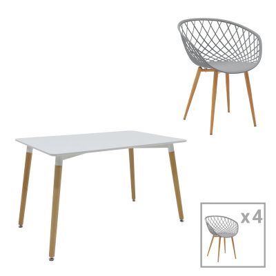 Set de 5 buc masa si scaune Ezra-Natali, Gri-alb cu picioare Naturale, 80x80x76 cm - Alb