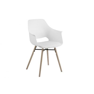 Scaun din plastic, sezut tapitat cu piele ecologica si picioare din lemn Ramona Alb / Stejar, l57xA52,5xH85 cm Scaun din plastic, sezut tapitat cu piele ecologica si picioare din lemn Ramona Alb / Stejar, l57xA52,5xH85 cm