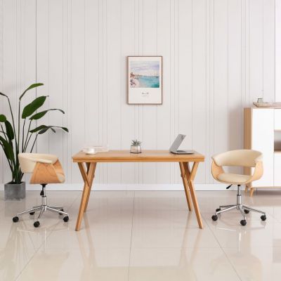 vidaXL Scaune de bucătărie pivotante, 2 buc., crem, piele ecologică