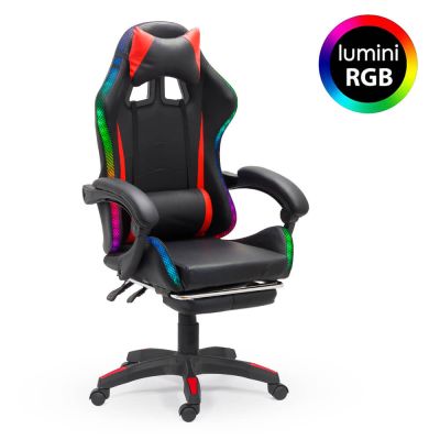 Scaun de Gaming cu suport de picioare si LED RGB OFF 303 rosu cu negru