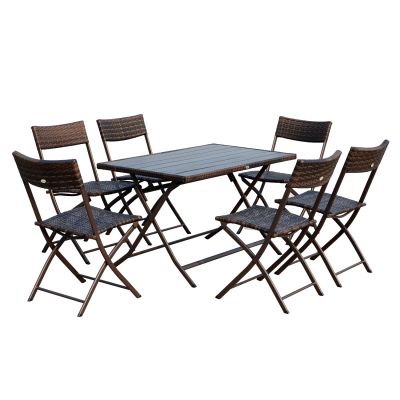 Outsunny Set Mobilier Pe Rattan Masa de Pranz cu 6 Scaune Pliabile de Gradina, Maro