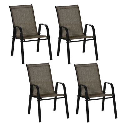 Outsunny Set 4 Piese Scaune de Gradina cu Cotiere, Scaune de Exterior Stivuibile din Metal si Tesatura Respirabila, Maro Outsunny Set 4 Piese Scaune de Gradina cu Cotiere, Scaune de Exterior Stivuibile din Metal si Tesatura Respirabila, Maro
