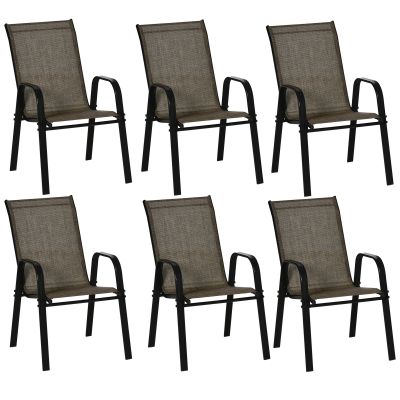 Outsunny Set 6 Piese Scaune de Gradina cu Cotiere, Scaune de Exterior Stivuibile din Metal si Tesatura Respirabila, Maro | Aosom Romania