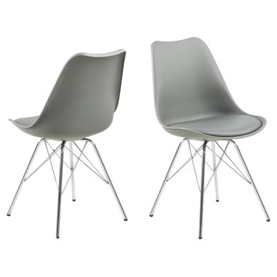 Set 4 scaune din plastic, sezut tapitat cu piele ecologica si picioare metalice Eris Gri / Crom, l48,5xA54xH85,5 cm