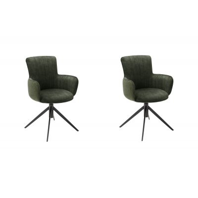 Set 2 scaune rotative tapitate cu stofa si picioare metalice, Denia Verde Olive / Negru, l60xA64x87 cm