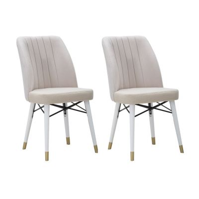 Set 2 scaune tapitate cu stofa si picioare din lemn Bella Velvet Crem / Alb / Auriu, l50xA49xH92,5 cm