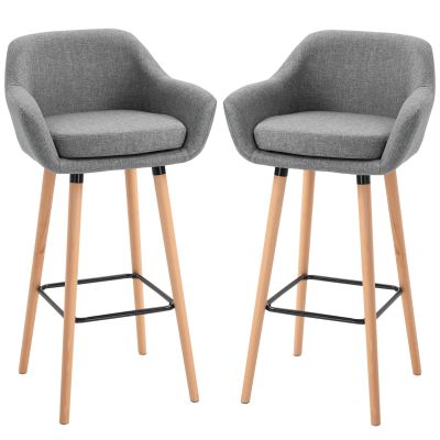 HOMCOM Scaun bar gri cu Pernă Confortabilă Lemn și Înveliș din Țesătură, Set 2 Scaune de Bar Moderne,55x48x100 cm | Aosom Romania