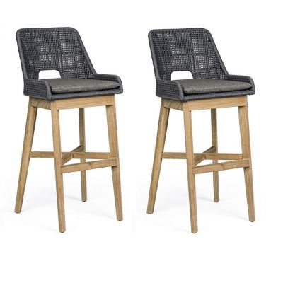 Set 2 scaune de bar pentru terasa, din material textil si lemn de tec, Hesperia Gri / Natural, l49xA57xH112 cm