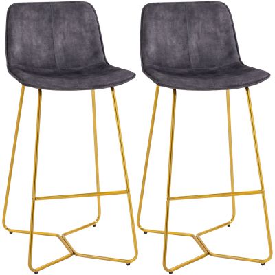 HOMCOM Set de 2 scaune de bar cu spatar si suport pentru picioare, scaune de bucatarie din catifea cu picioare aurii, 48x56,5x103cm, gri