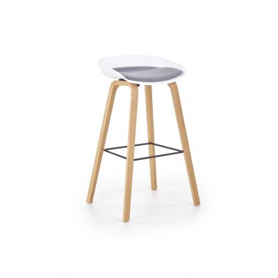 Scaun de bar cu sezut tapitat cu stofa si picioare din lemn, Hoku-86 Alb / Gri, l51xA43xH81 cm