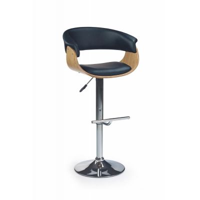 Scaun de bar din pal, tapitat cu piele ecologica si picior metalic, Hoku-45 Negru / Stejar Deschis, l59xA46xH90-112 cm