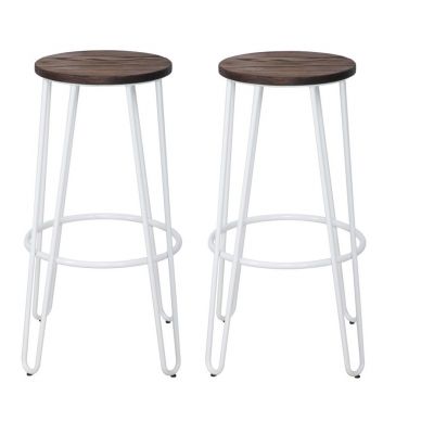 Set 2 scaune de bar din metal, cu sezut din lemn de ulm Detroit Alb / Maro, Ø39xH76 cm