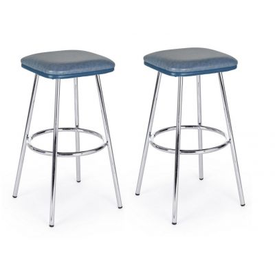 Set 2 scaune de bar tapitate cu piele ecologica si picioare metalice Agnes Albastru / Crom, l38xA38xH75 cm