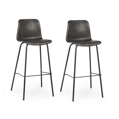 Set 2 scaune de bar tapitate cu piele ecologica si picioare metalice Kyra Gri Inchis / Negru, l39xA44xH103,5 cm