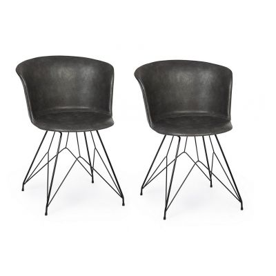 Set 2 scaune tapitate cu piele ecologica si picioare metalice Loft Gri Inchis / Negru, l56xA54xH76 cm
