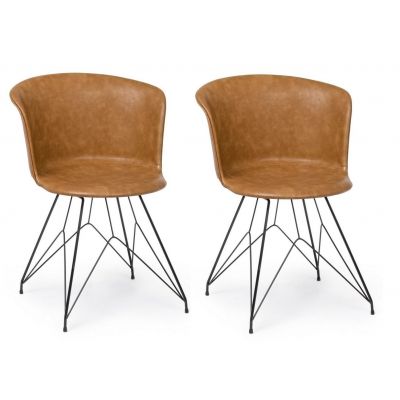 Set 2 scaune tapitate cu piele ecologica si picioare metalice Loft Maro / Negru, l56xA54xH76 cm