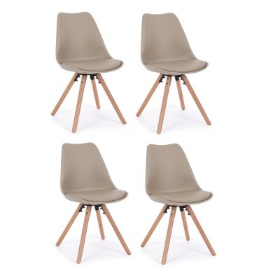 Set 4 scaune din plastic cu sezut tapitat cu piele ecologica si picioare din lemn, New Trend Grej / Natural, l54xA49xH83,5 cm