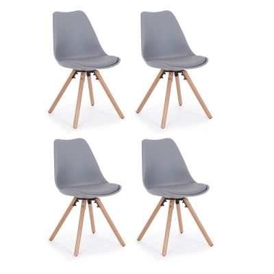 Set 4 scaune din plastic cu sezut tapitat cu piele ecologica si picioare din lemn, New Trend Gri / Natural, l54xA49xH83,5 cm