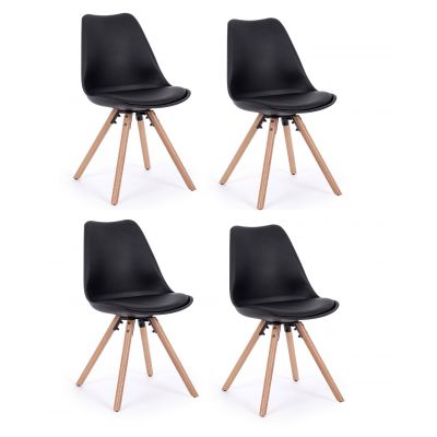 Set 4 scaune din plastic cu sezut tapitat cu piele ecologica si picioare din lemn, New Trend Negru / Natural, l54xA49xH83,5 cm
