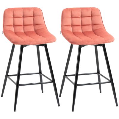 HOMCOM Set de 2 scaune de bar cu spatar si suport pentru picioare, scaune inalte tapitate in stil nordic din metal si catifea, coral, 45x47x88cm