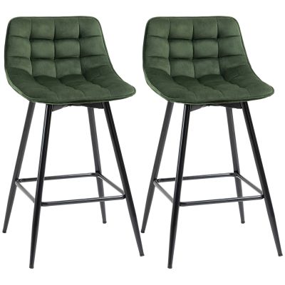 Set de 2 scaune de bar HOMCOM cu spatar, tapitate, stil nordic, metal, catifea, verde, 45x47x88cm | Aosom RO