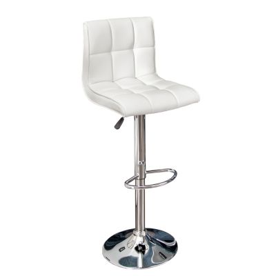 Scaun de bar cu inaltime reglabila tapitat cu Piele artificiala Alb cu picioare din Metal Argintiu H90-115xL45xA50cm Modena
