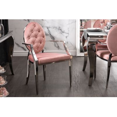 Scaun tapitat cu Catifea Roz cu picioare din Otel inoxidabil Argintiu H92xL62xA60cm Barock Modern