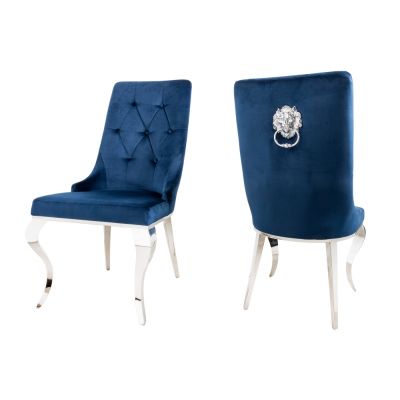 Set 2 scaune tapitat cu Catifea Albastru cu picioare din Otel inoxidabil Argintiu H102xL55xA67cm Barock Lion