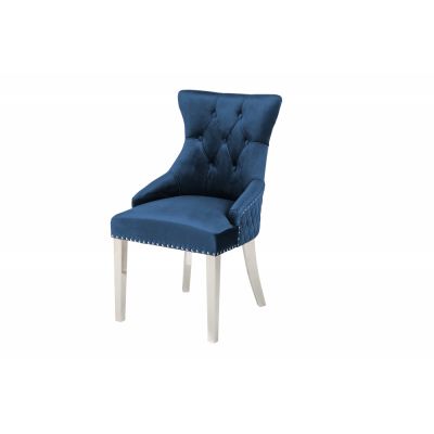Set 2 scaune tapitat cu Catifea Albastru cu picioare din Otel inoxidabil Argintiu H94xL53xA63cm Castle