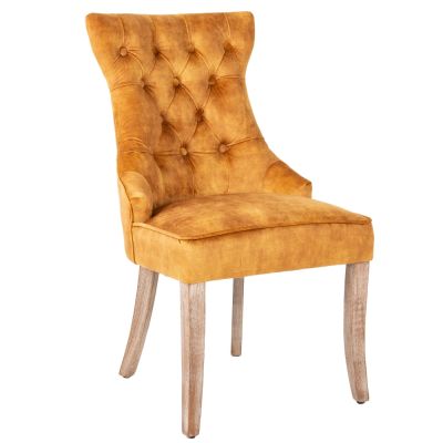 Set 2 scaune tapitat cu Catifea Galben cu picioare din Lemn masiv Maro H96xL57xA63cm Castle