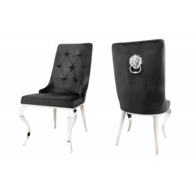 Set 2 scaune tapitat cu Catifea Negru cu picioare din Otel inoxidabil Argintiu H102xL55xA67cm Barock Lion