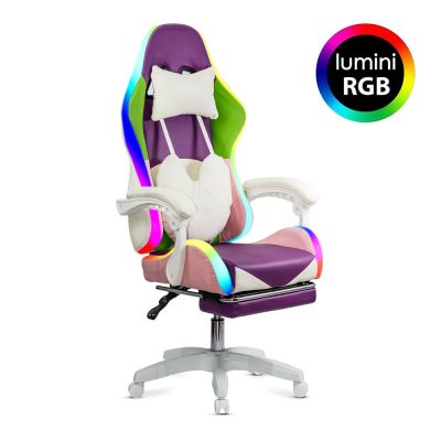 Scaun gaming mov si roz cu suport de picioare si banda LED RGB OFF 298