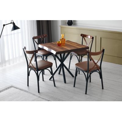 Set masa din pal si metal, Safir 1462 Nuc / Negru + 4 Scaune tapitate cu piele ecologica si picioare metalice, Ekol 1332 Maro / Negru, L80xl80xH75 cm