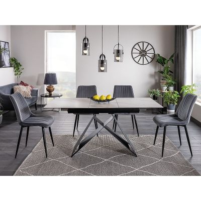 Set masa extensibila din ceramica, sticla si metal, Wesley SC Alb / Negru Mat + 4 Scaune tapitate cu stofa si picioare metalice, Kimberly Velvet Gri / Negru, L120-160xl80xH76 cm