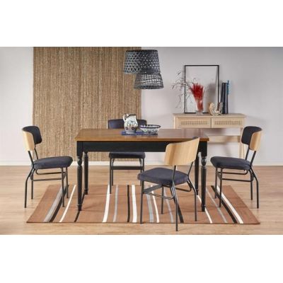 Set masa extensibila din MDF, pal si lemn de fag, Rocio Stejar Inchis / Negru + 4 Scaune din pal tapitate cu stofa si picioare metalice, Samart Velvet Gri Inchis / Natural / Negru, L140-220xl80xH76 cm