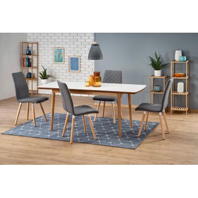 Set masa extensibila din MDF si lemn, Brayden Alb / Stejar Lefkas + 4 Scaune tapitate cu stofa si picioare din lemn, Kai-282 Gri / Natural, L140-185xl80xH75 cm
