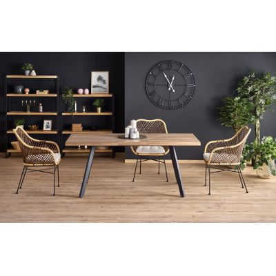 Set masa extensibila din MDF si metal Beril Nuc Auriu + 4 scaune din ratan cu picioare metalice Kai-336, L140-180xl85xH76 cm