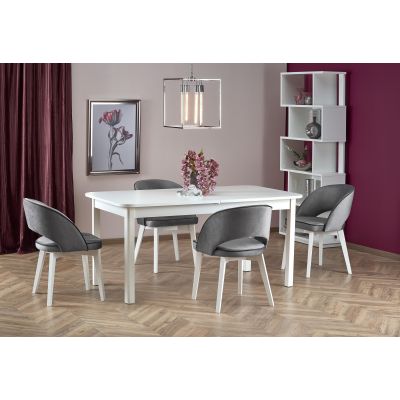 Set masa extensibila din MDF si pal, Florrie Alb + 4 Scaune tapitate cu stofa si picioare din lemn de fag, Maribel Velvet Gri / Alb, L141-219xl80xH78 cm