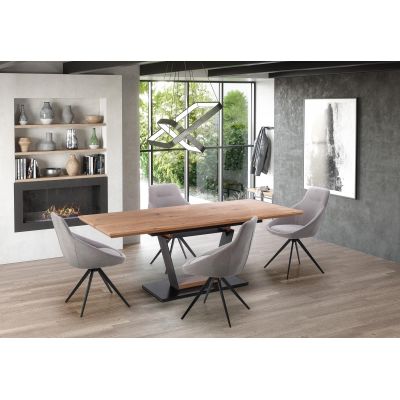Set masa extensibila din MDF, Urbianis Stejar Auriu / Negru + 4 Scaune tapitate cu stofa si picioare metalice, Kai-431 Gri deschis / Negru, L160-220xl90xH77 cm