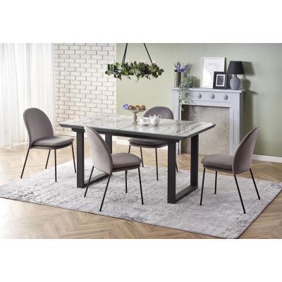 Set masa extensibila din sticla, MDF si metal, Marlette Alb / Gri / Negru + 4 Scaune tapitate cu stofa si picioare metalice, Kai-443 Velvet Gri / Negru, L160-200xl90xH76 cm