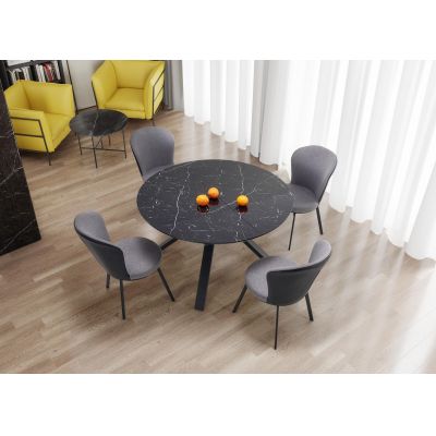 Set masa extensibila din sticla, MDF si metal, Verity Negru + 4 Scaune tapitate cu stofa si piele ecologica, cu picioare metalice Kai-447 Gri / Negru, L130-180xl130xH76 cm