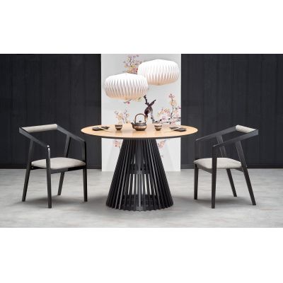 Set masa rotunda din MDF, furnir si lemn de fag, Maylin Natural / Negru + 4 Scaune tapitate cu stofa si picioare din lemn, Azzan Velvet Gri / Negru, Ø120xH77 cm