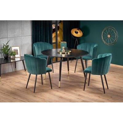 Set masa rotunda din MDF si metal Ember Negru / Auriu + 4 scaune tapitate cu stofa Kai-386 Verde inchis / Negru, Ø120xH75 cm