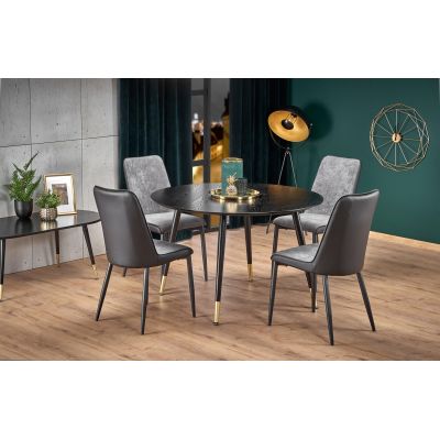 Set masa rotunda din MDF si metal Ember Negru / Auriu + 4 scaune tapitate cu stofa si piele ecologica Kai-368 Gri inchis / Negru, Ø120xH75 cm