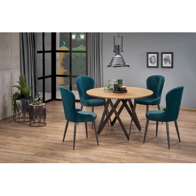 Set masa rotunda din MDF si metal, Mozare Stejar Auriu / Negru + 4 Scaune tapitate cu stofa si picioare metalice Kai-366 Velvet Verde inchis / Negru, Ø120xH75 cm