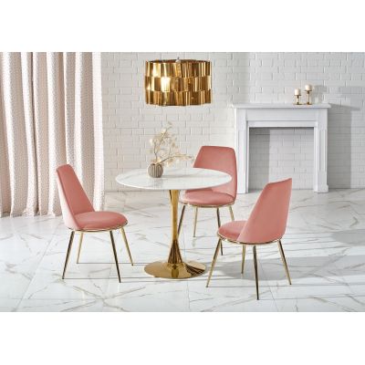 Set masa rotunda din sticla si metal, Cazimir Alb / Auriu + 4 Scaune tapitate cu stofa si picioare metalice, Kai-460 Velvet Roz / Auriu, Ø90xH75 cm