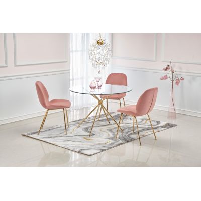 Set masa rotunda din sticla si metal Rodney Transparent / Auriu + 4 scaune tapitate cu stofa Kai-381 Velvet Roz / Auriu, Ø110xH74 cm
