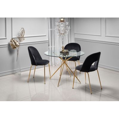 Set masa rotunda din sticla si metal Rodney Transparent / Auriu + 4 scaune tapitate cu stofa Kai-385 Velvet Negru / Auriu, Ø110xH74 cm